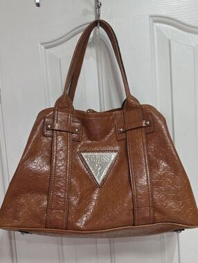 Guess Signature Embossed Leather Tote Bag in Cognac Brown